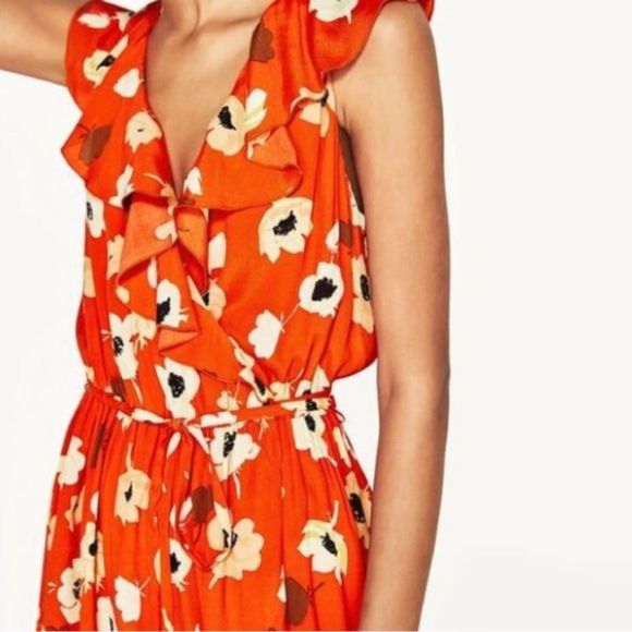 Zara Flowing Floral Print Crossover Dress XS Ruffle V-Neck Tunic Mini Orange NWT - Picture 7 of 15